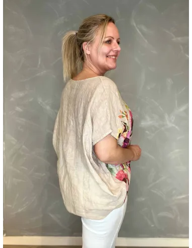 Blomstret Hør Bluse | Beige Natural Fit | TIPPY