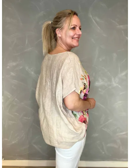 Blomstret Hør Bluse | Beige Natural Fit | TIPPY