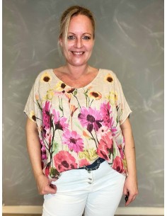 Blomstret Hør Bluse | Beige Natural Fit | TIPPY