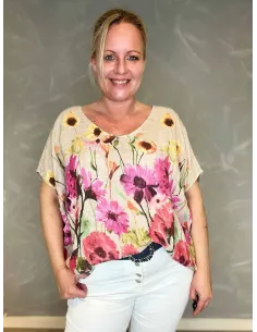 Blomstret Hør Bluse | Beige Natural Fit | TIPPY