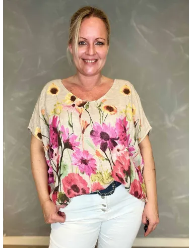 Blomstret Hør Bluse | Beige Natural Fit | TIPPY