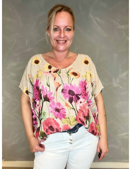 Blomstret Hør Bluse | Beige Natural Fit | TIPPY