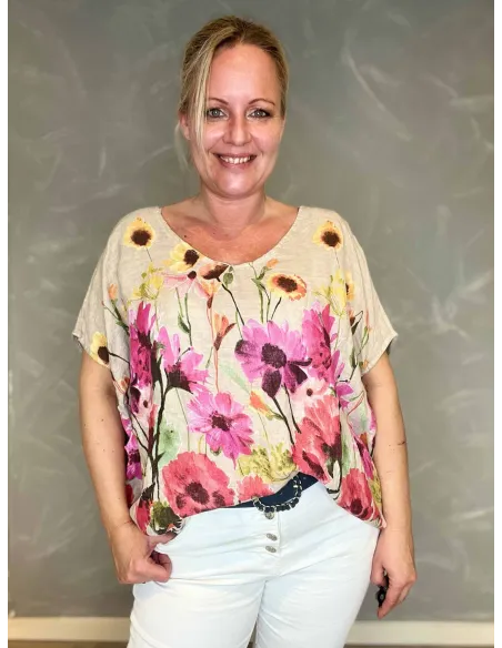 Blomstret Hør Bluse | Beige Natural Fit | TIPPY