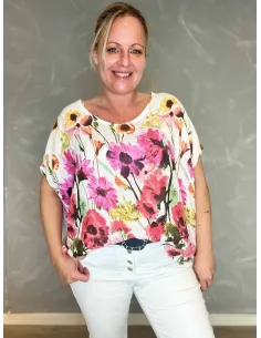TIPPY blomstret hørbluse hvid model 3377-7690 front