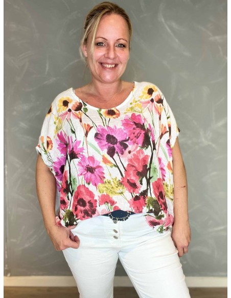 TIPPY blomstret hørbluse hvid model 3377-7690 front