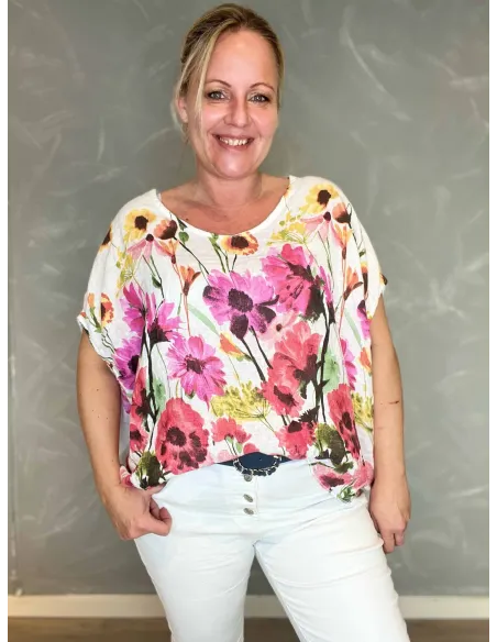 TIPPY blomstret hørbluse hvid model 3377-7690 front