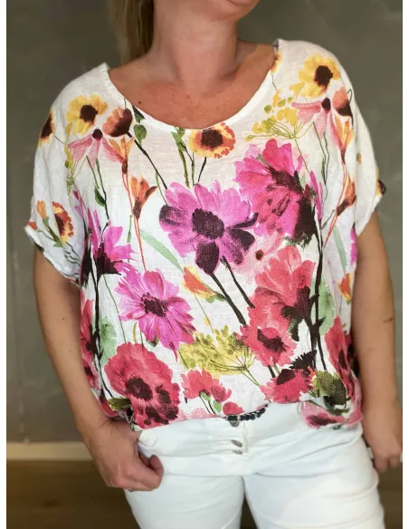 TIPPY blomstret hørbluse hvid model close up