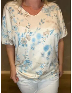 Off white finstrikket bluse i viskose, lana og angora med blå blomster – TIPPY Collection TIPPY 2