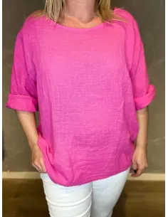 Pink bomulds bluse med opsmøgede ærmer, viser den afslappede pasform 2