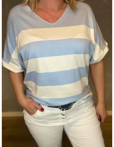 Nærbillede af finstrik kvalitet og stribemønster i hvid og lyseblå nuancer