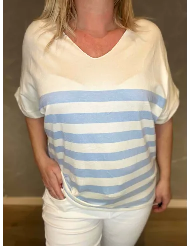 Nærbillede af finstrik kvalitet og stribemønster i hvid og lyseblå nuancer