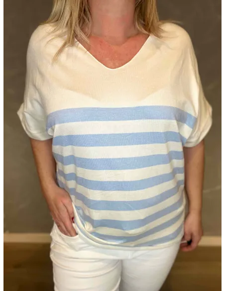 Nærbillede af finstrik kvalitet og stribemønster i hvid og lyseblå nuancer