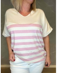 Hvid og rosa finstrikket bluse i viskose, lana og angora med striber – TIPPY Collection TIPPY 2