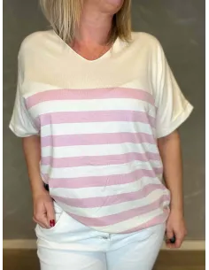 Kortærmet stribet finstrik i hvid og rosa med V-hals, afslappet pasform, perfekt til den modne kvinde 2