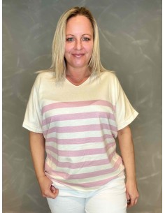 Hvid og rosa finstrikket bluse i viskose, lana og angora med striber – TIPPY Collection TIPPY