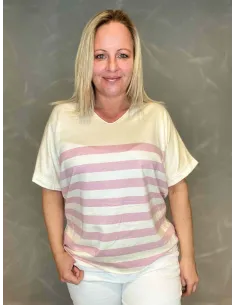 Kortærmet stribet finstrik i hvid og rosa med V-hals, afslappet pasform, perfekt til den modne kvinde