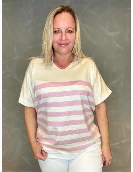 Hvid og rosa finstrikket bluse i viskose, lana og angora med striber – TIPPY Collection TIPPY