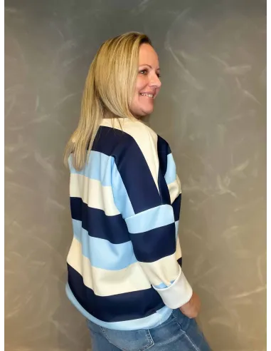 Bagside af blå mix bloktrøje til kvinder – TIPPY