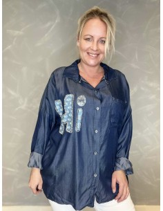 Mørk denim skjorte med hi-applikation til kvinder – TIPPY Collection