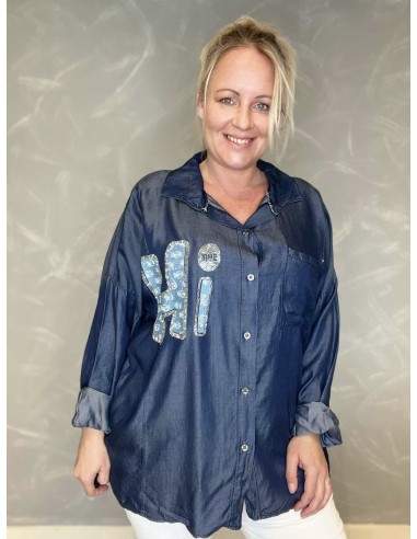 Mørk denim skjorte med hi-applikation til kvinder – TIPPY Collection