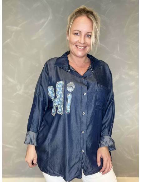 Mørk denim skjorte med hi-applikation til kvinder – TIPPY Collection