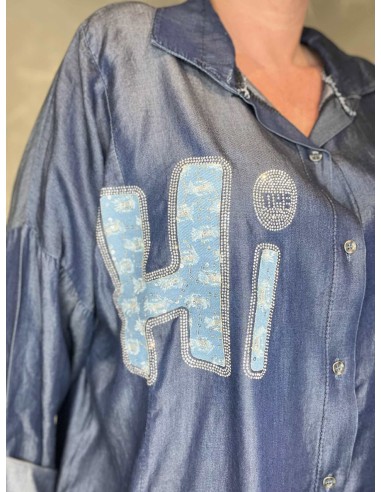 Hi-applikation med similisten på mørk denim skjorte – TIPPY