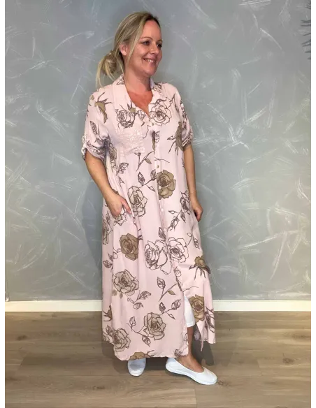 “Rosa maxi skjortekjole med blomster til kvinder – Tippy Collection