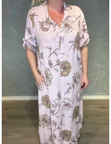 “Rosa maxi skjortekjole med blomster til kvinder – Tippy Collection