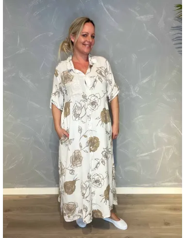 Hvid maxi skjortekjole med blomster til kvinder – Tippy Collection