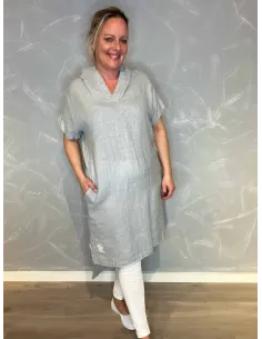 Stone grå hør kjole med hætte vist forfra