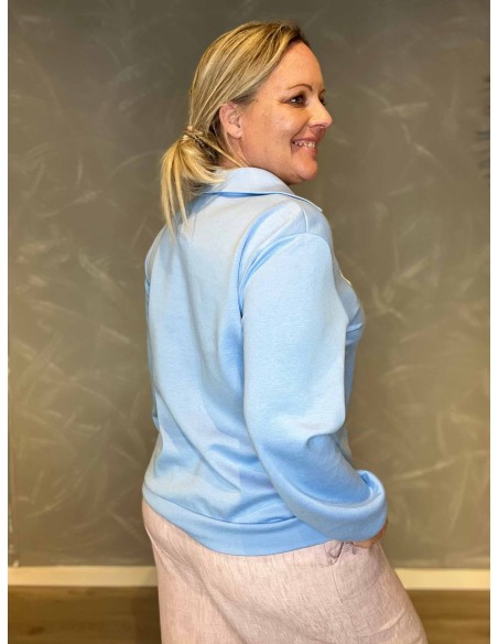 Polokrave og ærmeafslutning på sky blue LA sweatshirt, vist bagfra