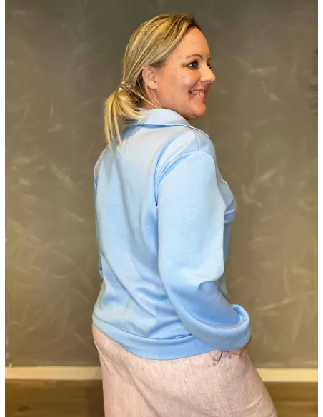 Polokrave og ærmeafslutning på sky blue LA sweatshirt, vist bagfra