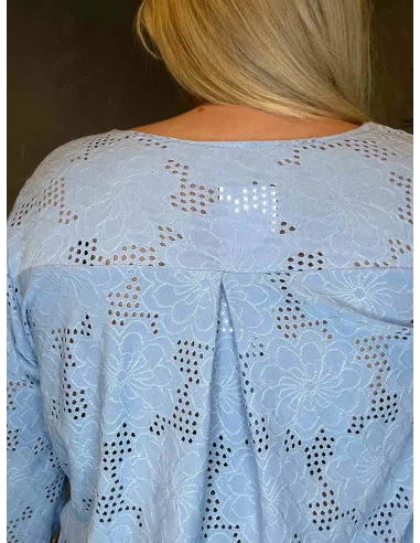 Detalje af rygparti på rød hulmønstret bluse