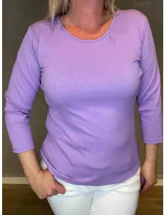 Lilla viskose rib t-shirt med 3/4 ærmer, front 2