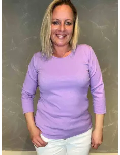 Lilla viskose rib t-shirt med 3/4 ærmer, front
