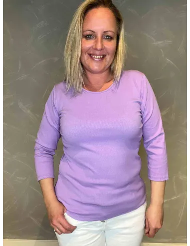 Lilla viskose rib t-shirt med 3/4 ærmer, front