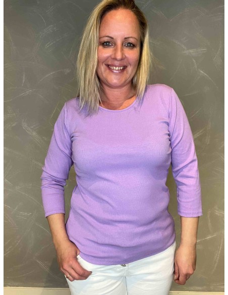 Lilla viskose rib t-shirt med 3/4 ærmer, front