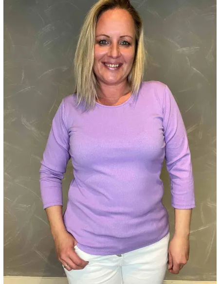 Lilla viskose rib t-shirt med 3/4 ærmer, front