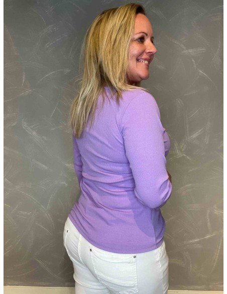Lavendel viskose rib t-shirt med 3/4 ærmer, bag - TIPPY