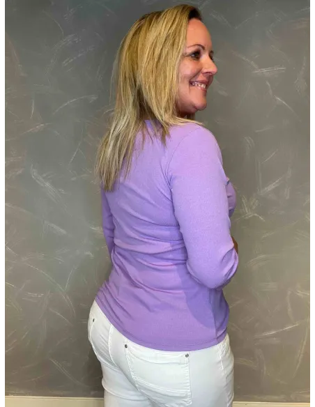 Lavendel viskose rib t-shirt med 3/4 ærmer, bag - TIPPY