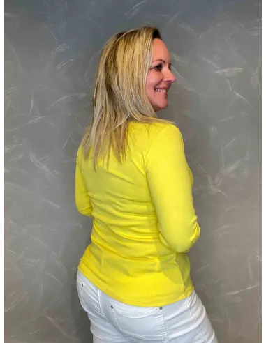 Gul viskose rib t-shirt med 3/4 ærmer, bag - TIPPY