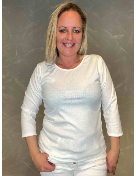Hvid  viskose rib t-shirt med 3/4 ærmer, front -TIPPY