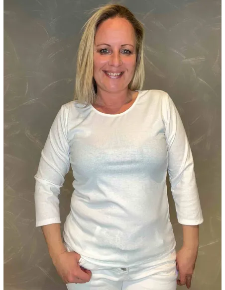 Hvid  viskose rib t-shirt med 3/4 ærmer, front -TIPPY