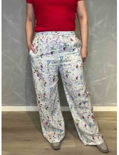 Blomstrede bukser i hør-blanding med romantisk print af klokkeblomster og vilde blomster