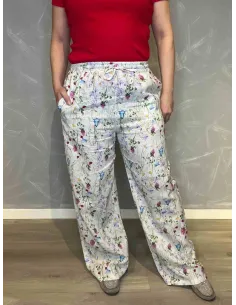 Blomstrede bukser i hør-blanding med romantisk print af klokkeblomster og vilde blomster
