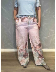 "Bukser i hør-blanding med elegant bladprint i rosa nuancer, løs pasform med elastik i taljen"
