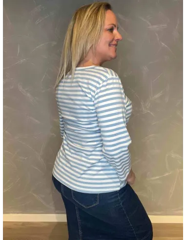 "Bagside af TIPPY Design stribet bluse i lyseblå og hvid, viser tætsiddende pasform"