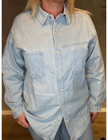 "Nærbillede af stribedetaljer og brystlommer på denim skjorte"-TIPPY