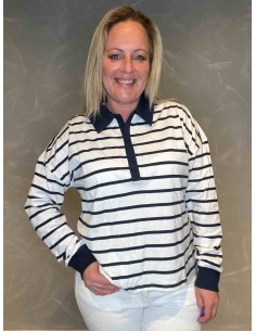 Hvid/navy stribet polo med navy krave til kvinder – Design by TIPPY