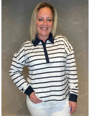 Hvid/navy stribet polo med navy krave til kvinder – Design by TIPPY